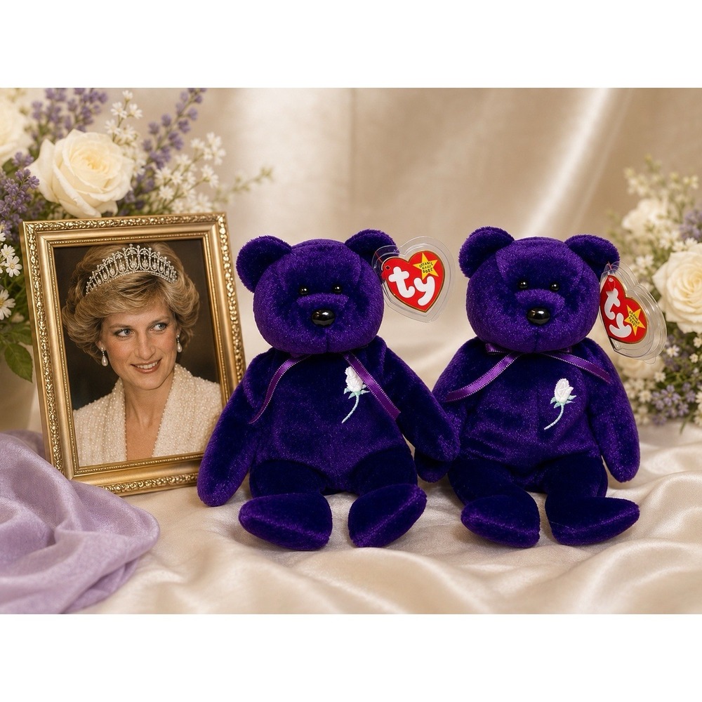 2 All NEW TY Beanie Baby Princess‎ Diana Bear 1997 China 1st Edition Purple